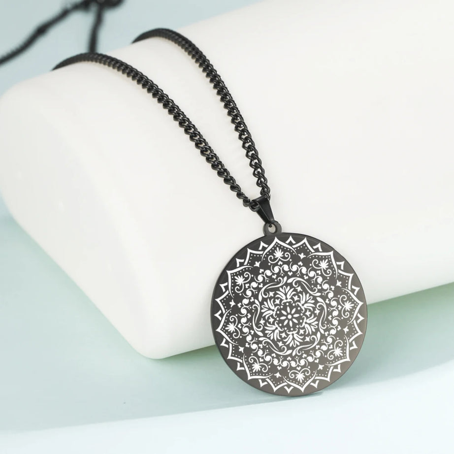 Lotus Chakra Mandala Pendant Necklace, Stainless Steel Buddhist Hindu Meditation Amulet