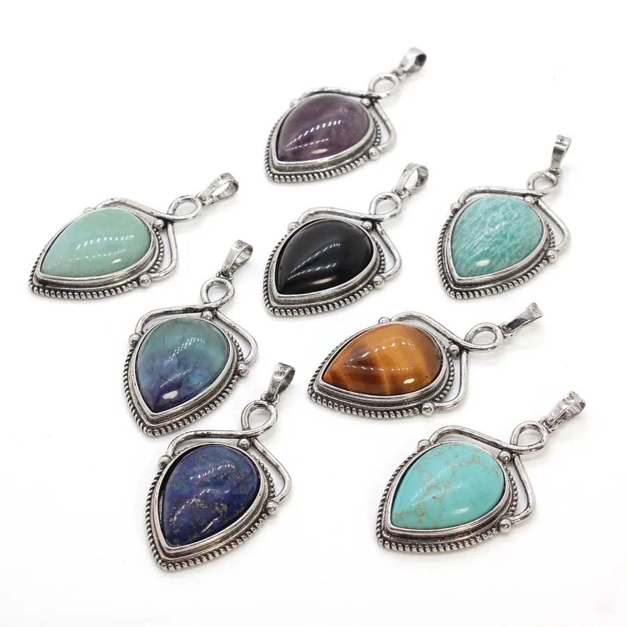 Women's Natural Crystal Stone Water Drop Pendants For DIY Necklace Amethyst Rose Quartz Lapis Lazuli Boho Men Jewelry Making