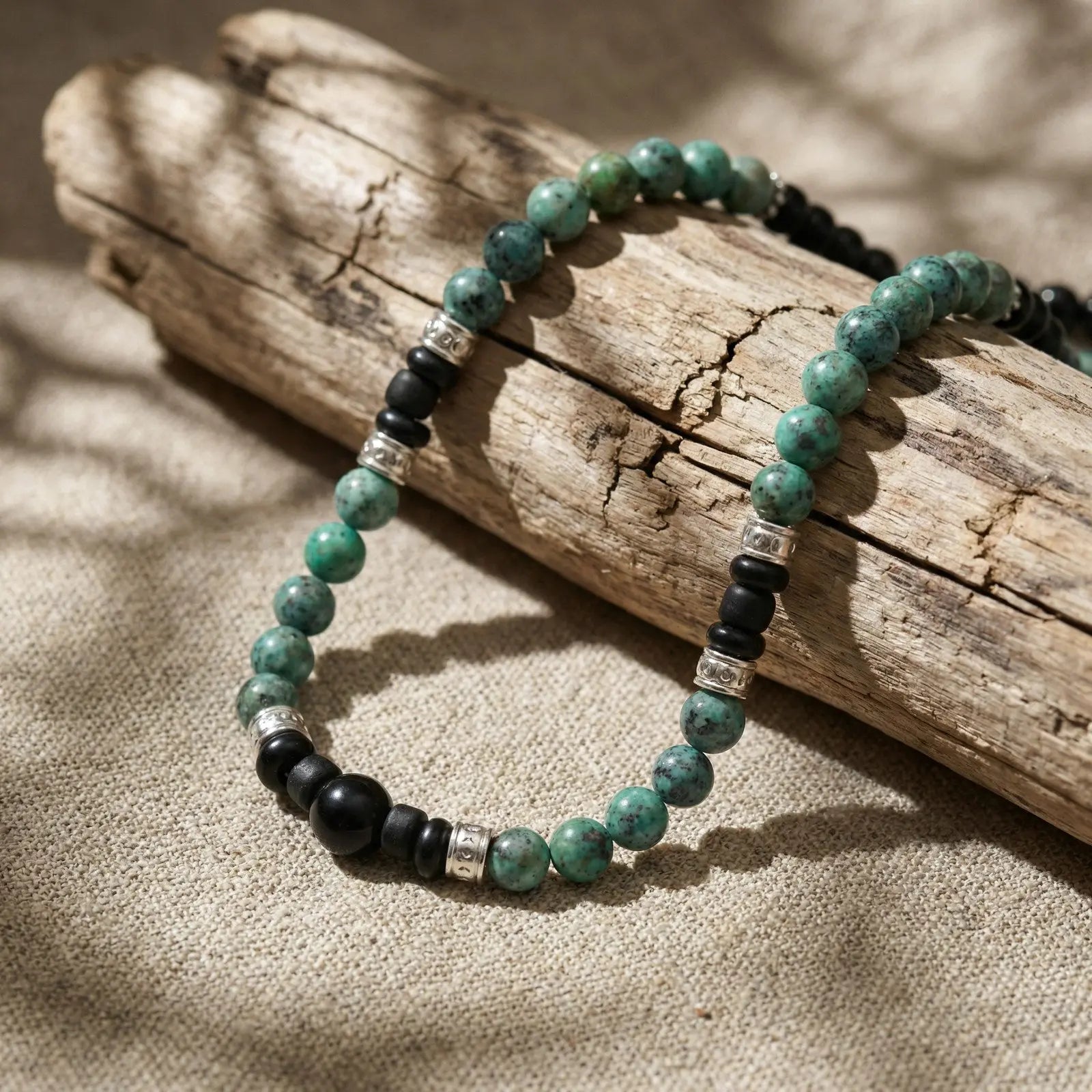 Vnox Men's Stainless Steel Natural Stone Beaded Necklace Adjustable Green Lucky Choker Casual Boho Beach Jewelry Gift for Boys