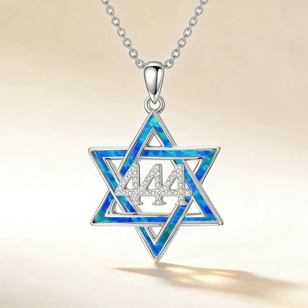 444 Angel Number Star of David Pendant Spiritual Protection Jewelry,Blue Opal Inlay,Cubic Zirconia,Men & Women’s Faith Necklace