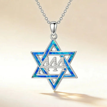 444 Angel Number Star of David Pendant Spiritual Protection Jewelry,Blue Opal Inlay,Cubic Zirconia,Men & Women’s Faith Necklace