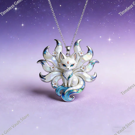 Nine-Tailed Fox Enamel Pendant Necklace, Kitsune Spirit Talisman
