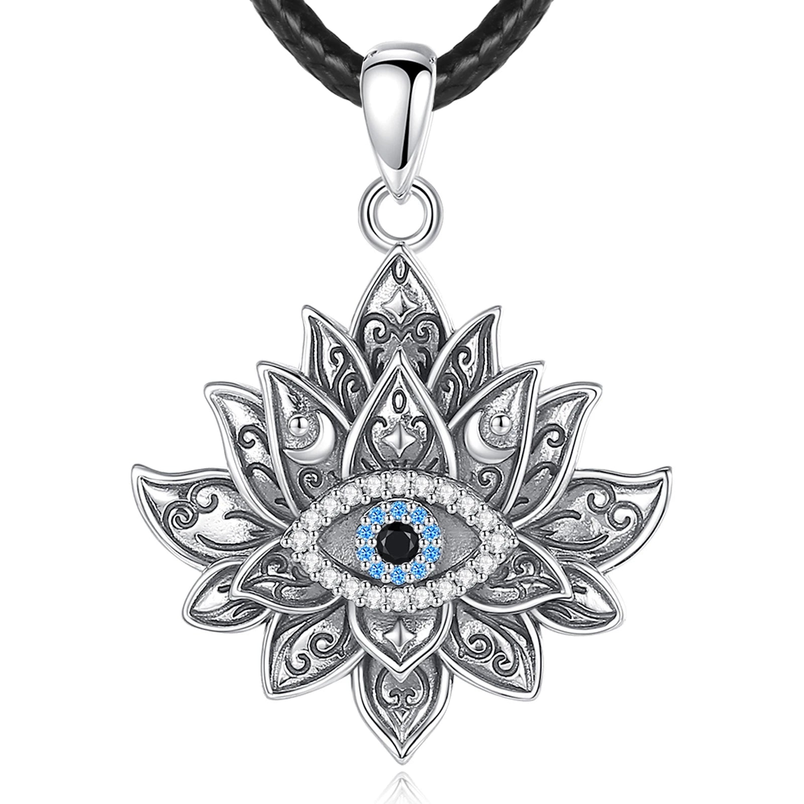 Eudora 925 Sterling Silver Evil Eye Lotus Necklace Vintage Evil Eye Lotus Flower Pendant Personality Jewelry for Women Man Gift