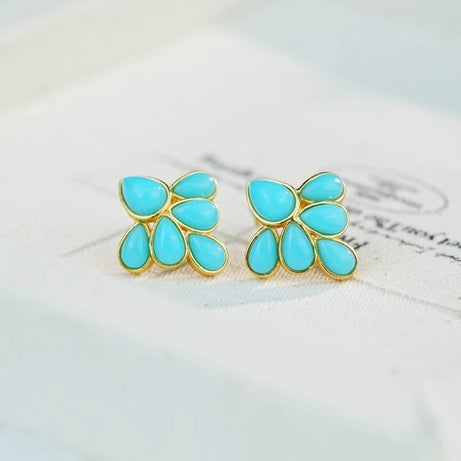 GEEZENCA 925 Silver Lapis Lazuli Turquoise Leaf Stud Earrings Women Gold Plated Trendy Dainty Lightweight Statement Earring Gift - Charlie Dolly