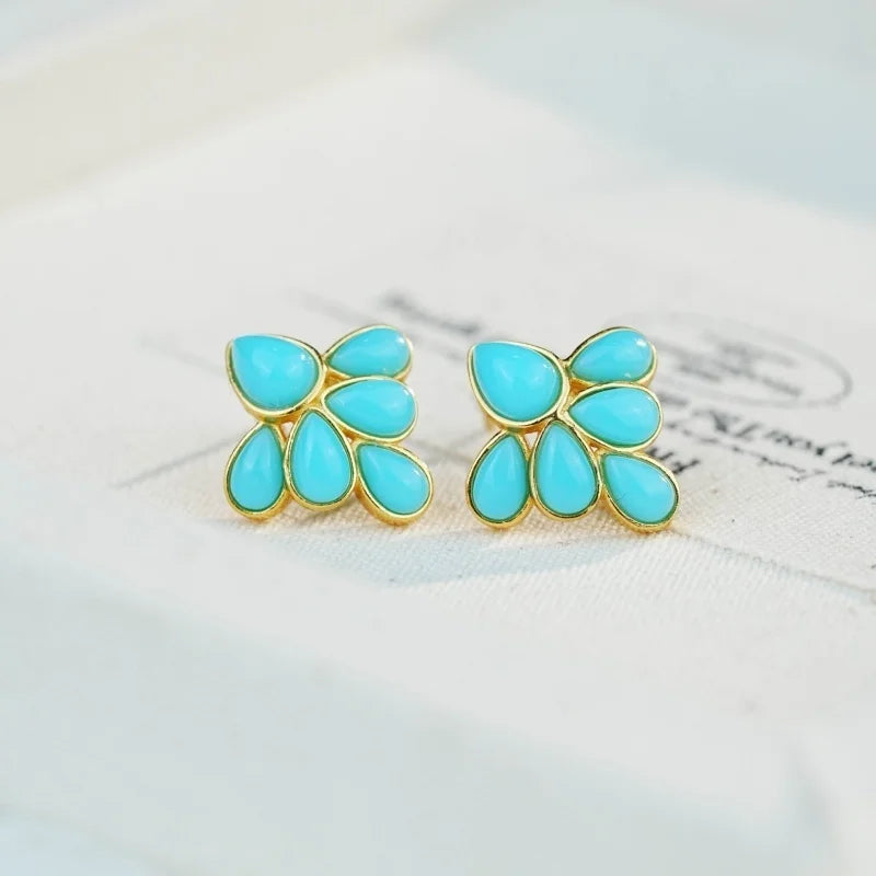 GEEZENCA 925 Silver Lapis Lazuli Turquoise Leaf Stud Earrings Women Gold Plated Trendy Dainty Lightweight Statement Earring Gift