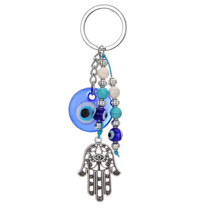Blue Evil Eye Hamsa Hand Beads Keychain Keyring For Women Men Glass Vintage Round Turkish Eye Fatima Hand Tassel Bag Car Jewelry