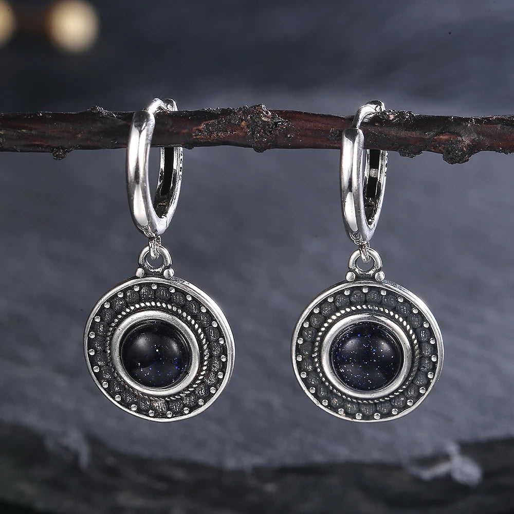 Natural Stone Sun Flower Hoop Earrings for Women, Vintage Antique Silver Turquoise Amethyst Labradorite Dangle Earring Wholesale