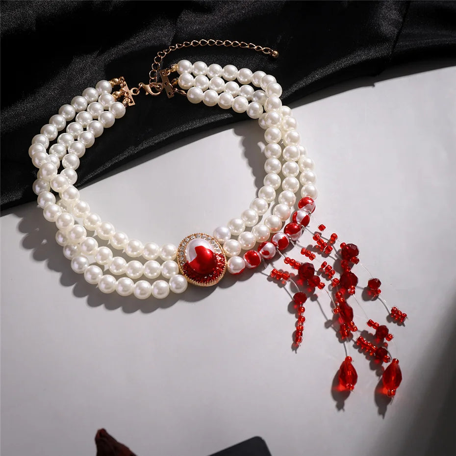 Goth Creative Red Blood Pattern Imitation Pearl Chain Necklace for Women Punk Long Tassel Beads Pendant Halloween Wed Jewelry - Charlie Dolly