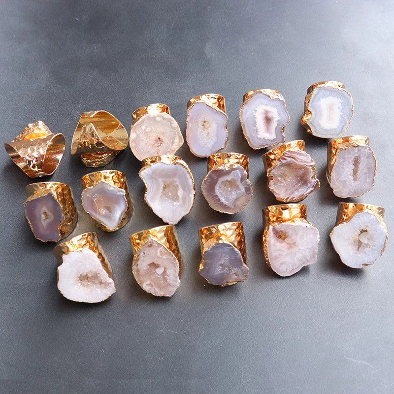 Irregular Natural Geode Stone Rings Agate Slices Wide Open Ring for Women Men Boho Resizable Finger Jewelry
