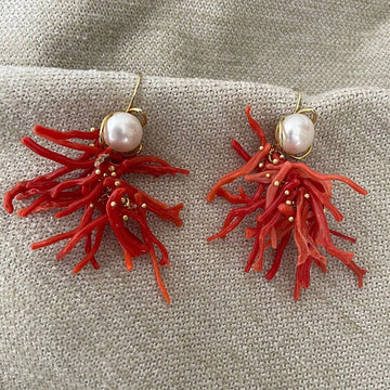 Handmade Coral Red Drop Earrings with Freshwater Pearl Lapis Lazuli Stone Women Jewelry