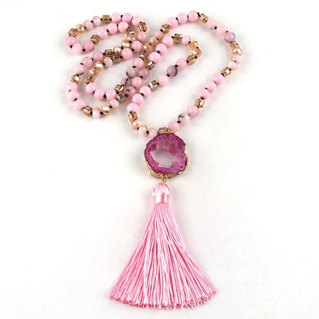 Knotted Druzy Stone Tassel Necklace Jewelry