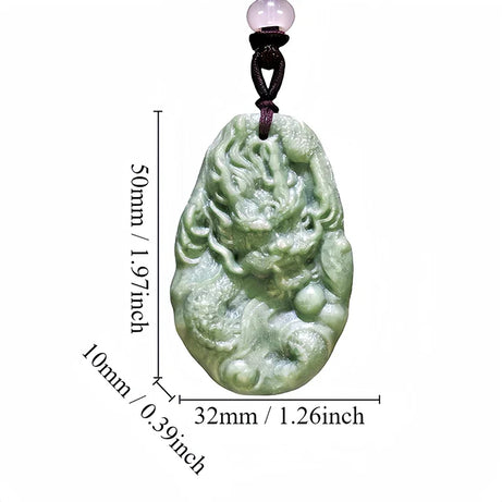 Dark Green Jade Dragon Fox & Owl Pendant Necklace, Carved Amulet Zodiac Talisman