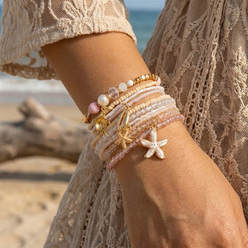 Trendy Layered Pastel Seed Bead Ocean Charm Bracelet Set for Women Sea Turtle Starfish Shell Boho Surfer Summer Jewelry