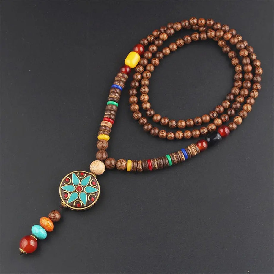 Nepal Wood Bead Tassel Sweater Chain Necklace Jewelry