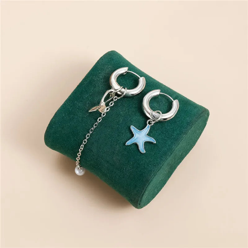 Bohemian Stainless Steel Starfish Charm Hoop Earrings Women Delicate Mermaid Tail Jewelry Girls Long Tassel Earring Accessories