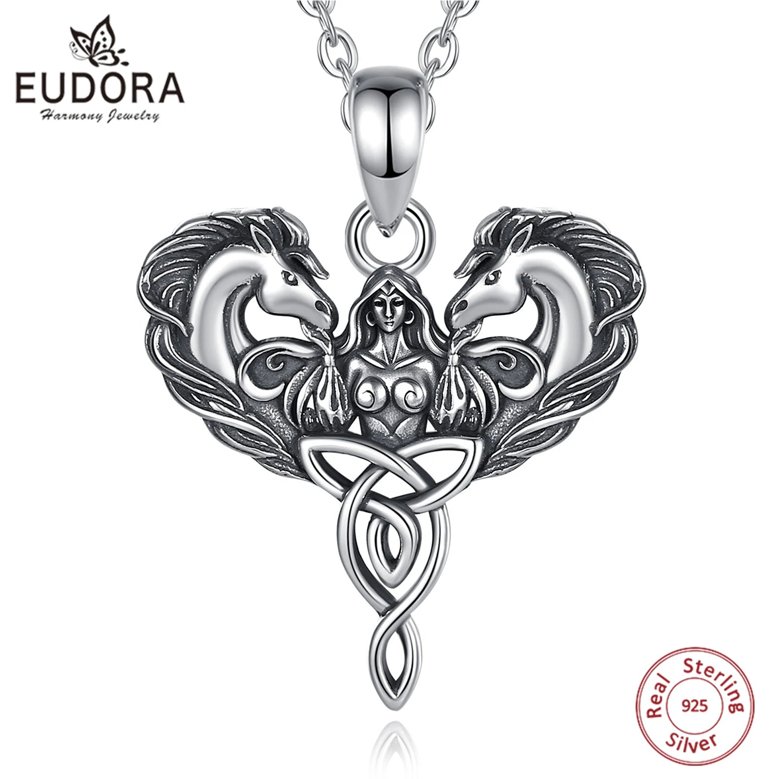 Eudora 925 Sterling Silver Celtic Horse Girl Pendant Goddess Trinity Knot Necklace Pagan Spiritual Jewelry Gift for Women Men