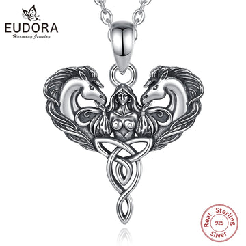 Eudora 925 Sterling Silver Celtic Horse Girl Pendant Goddess Trinity Knot Necklace Pagan Spiritual Jewelry Gift for Women Men