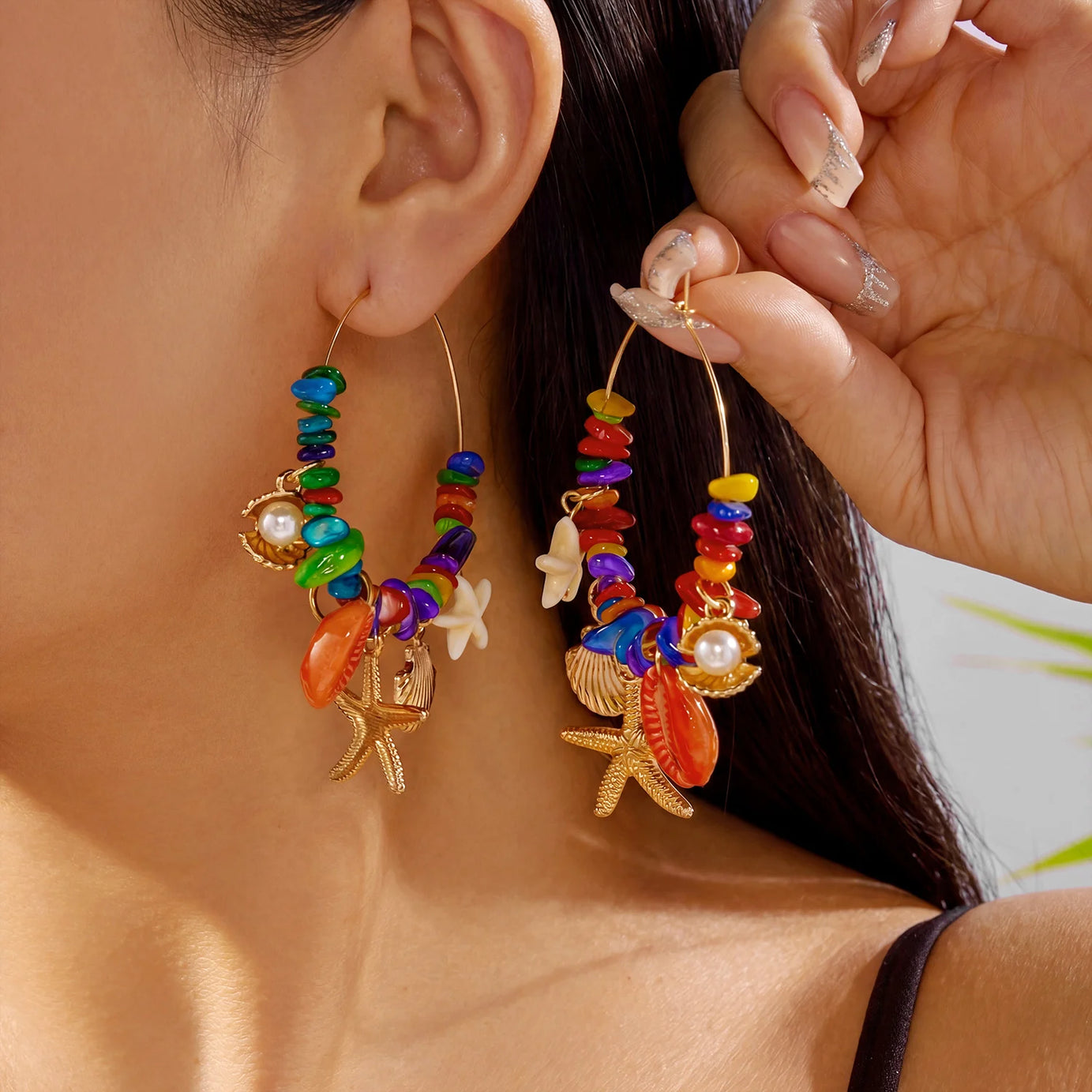 Y2K Starfish, Shell and Irregular Stone Hoop Earrings