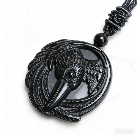 Real Obsidian Crow Pendant Necklace, Natural Gemstone Amulet Talisman