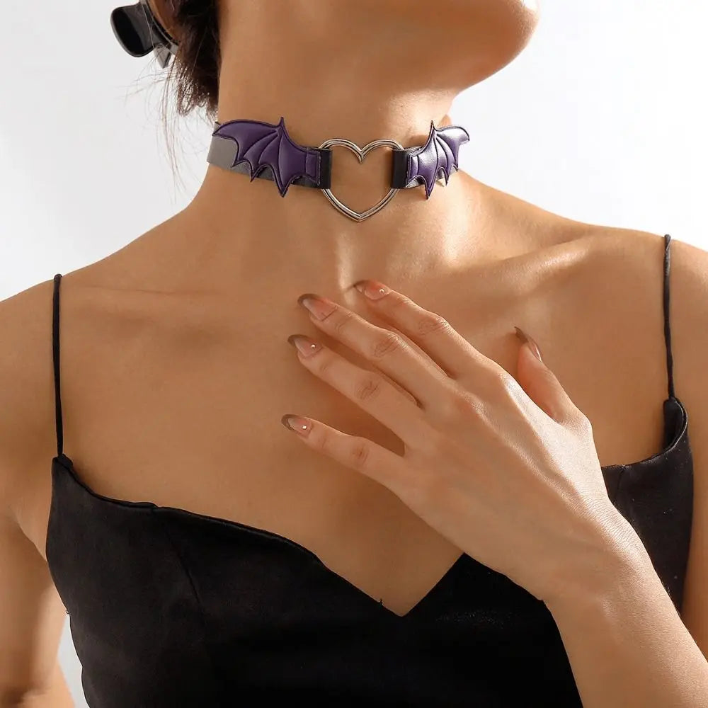 Leather Bat Wings Choker Goth Cute Heart Necklace Punk Gothic Collar Halloween Jewelry Aesthetic Accessories for Women Girls - Charlie Dolly