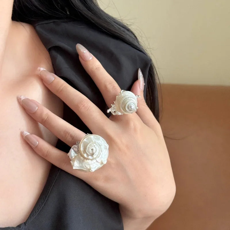Natural Sea Snail Shell Ring Handmade Wire Wrapped Pearl Open Cuff Ring Beach Boho Statement Jewelry for Women