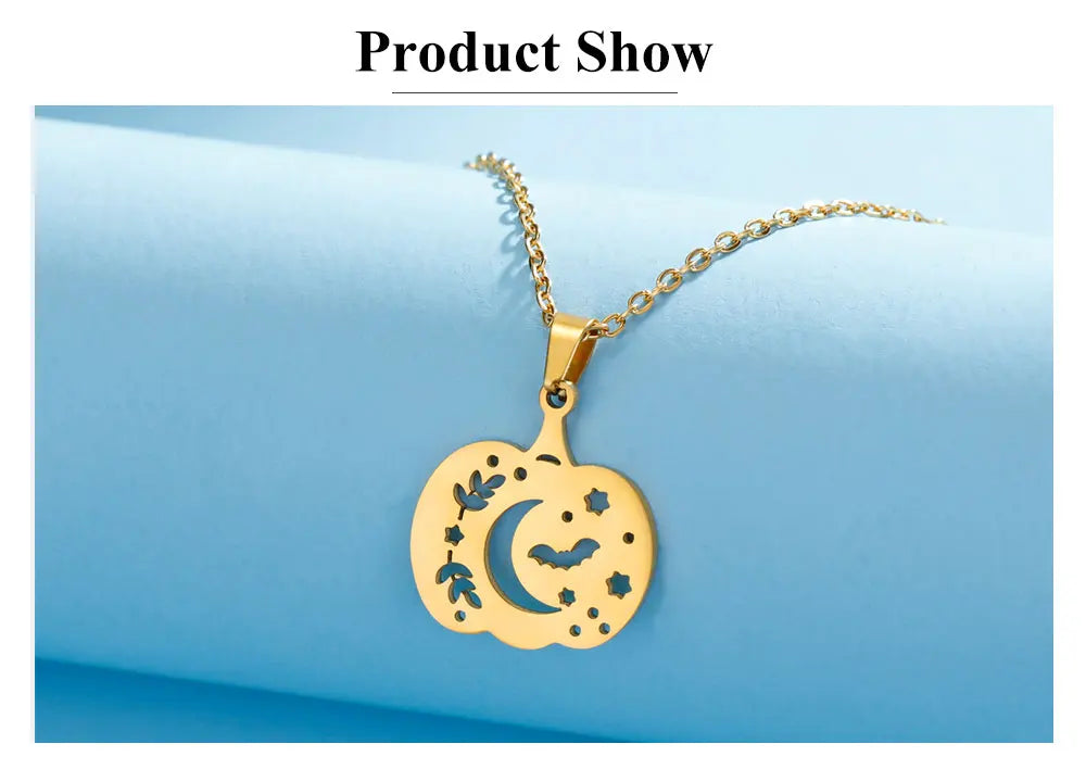 Cazador Halloween Pumpkin Bat Moon Necklace for Women Stainless Steel Pendant Chain Necklace Jewelry Party Gift 2024 Wholesale - Charlie Dolly