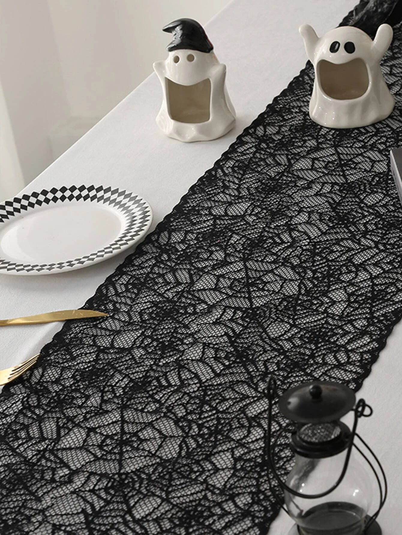 Halloween Placemat Black Lace Table Runner Cobweb Tablecloth Gothic Tabletop Decor Home Party Decorations Kitchen Dining Decor - Charlie Dolly