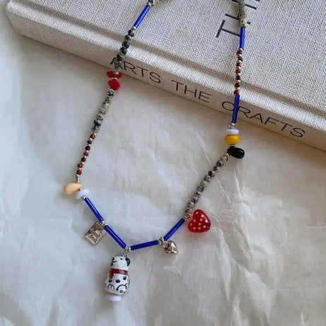 Black and White Beaded Dalmatian Puppy Pendant Necklace