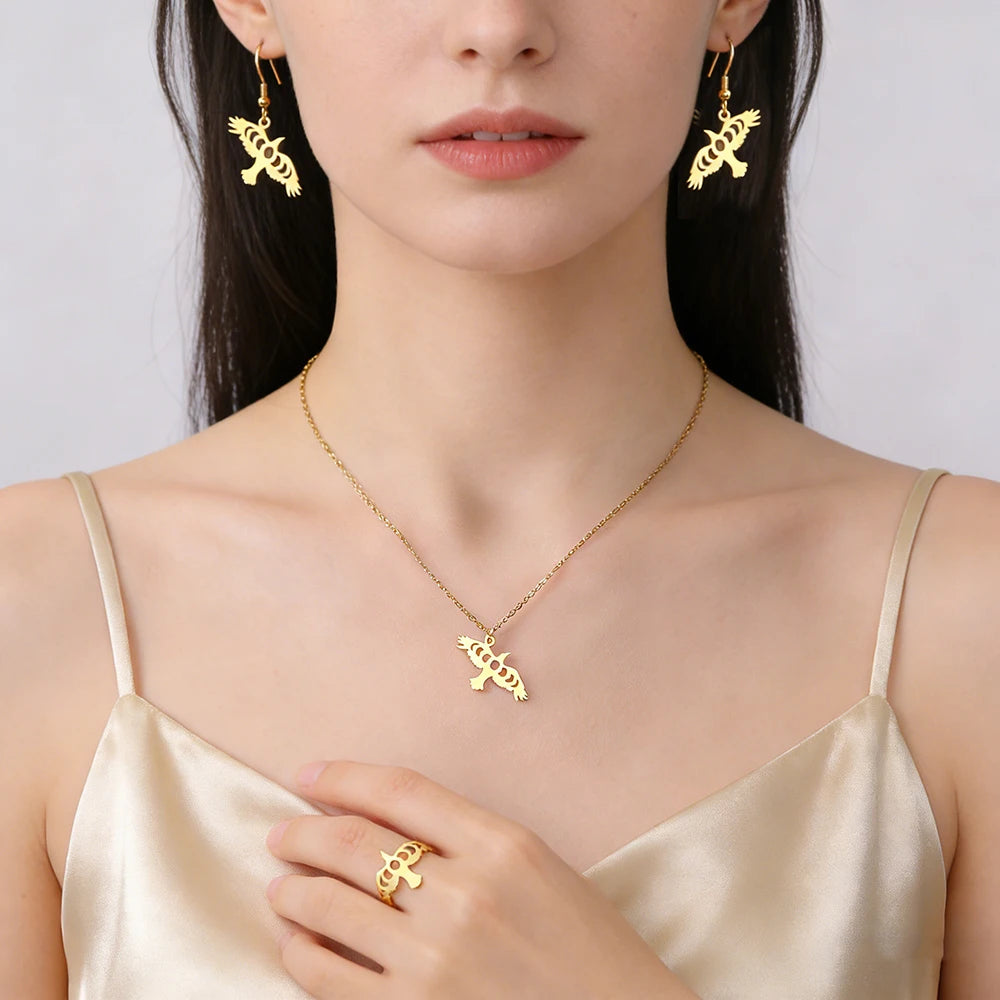 Dawapara Moon Phase Cutout Crow Necklace Earrings Ring Raven Jewelry Set Good Luck Mythical Creatures Pendant Stainless Steel