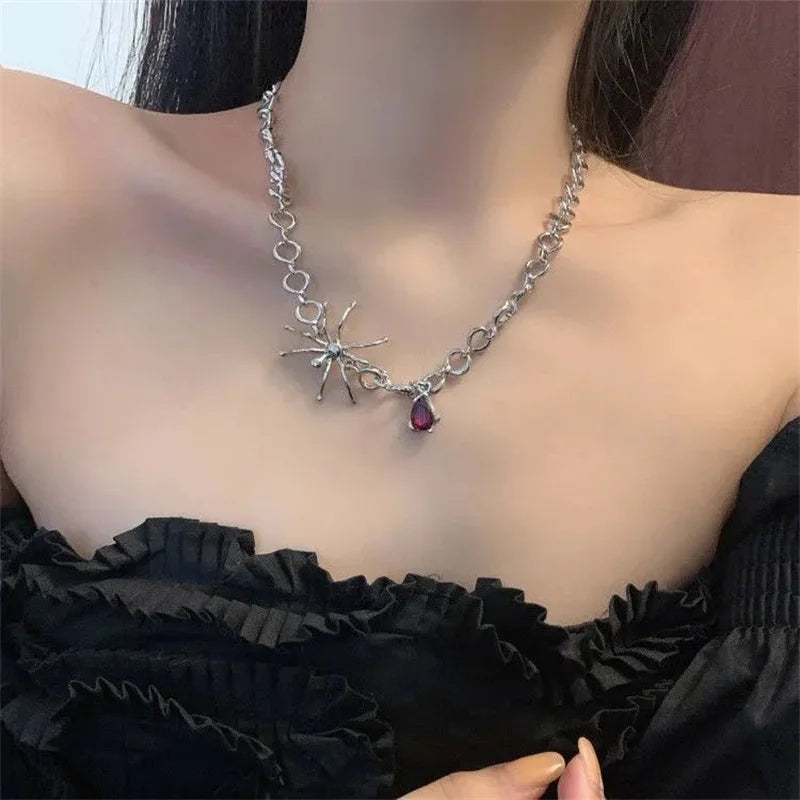 1Pcs Punk Spider Crystal Pendant Necklace Goth Chain Choker For Women Halloween Party Jewelry Gift - Charlie Dolly