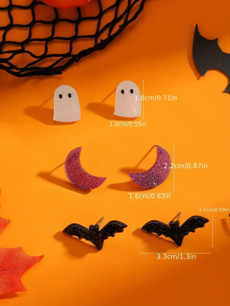 Halloween Gothic Earring Set - 3 Pairs Of Acrylic Studs With Moon, Bat, Ghost, Pumpkin & Spider Designs For Women - Perfect Vint - Charlie Dolly