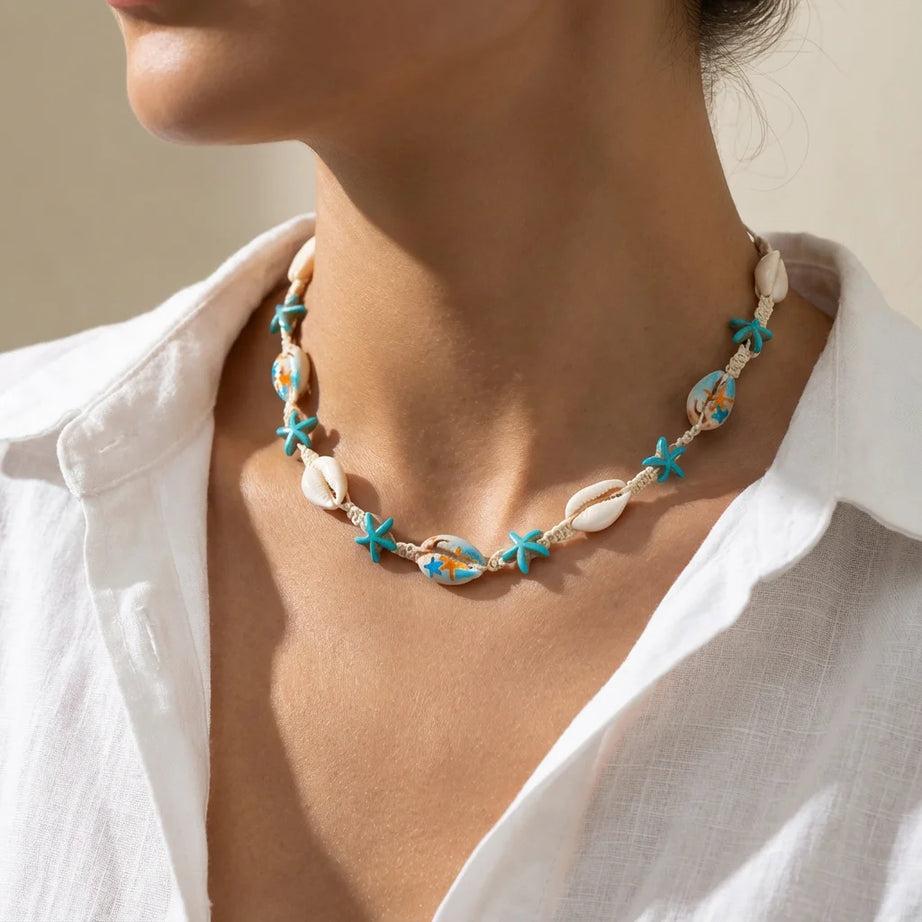 Cowrie Shell Boho Choker with Blue Starfish Beads