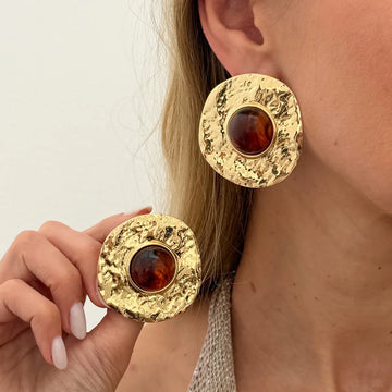 KunJoe Vintage Inlaid Brown Resin Acrylic Stud Earrings for Women Luxury Geometric Large Round Earrings Boho Vacation Jewelry