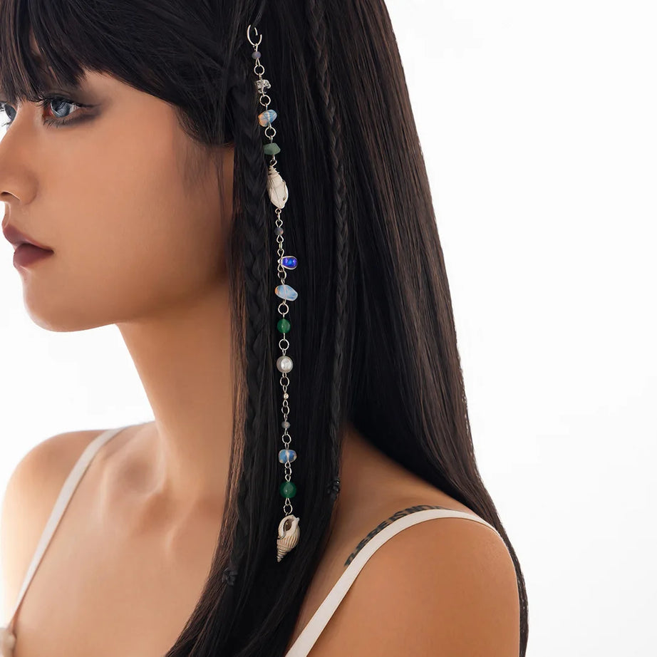 Boho Hair Chain Seashell & Drusy Fringe Hair Jewelry Natural Stone Braid Accent Beach Festival Hair Accessories - Charlie Dolly