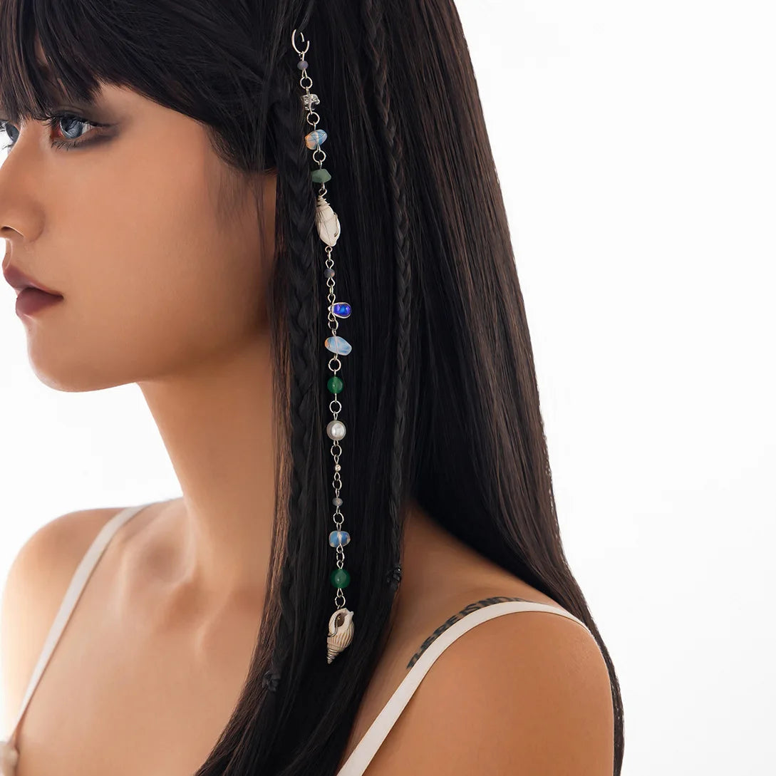 Boho Hair Chain Seashell & Drusy Fringe Hair Jewelry Natural Stone Braid Accent Beach Festival Hair Accessories