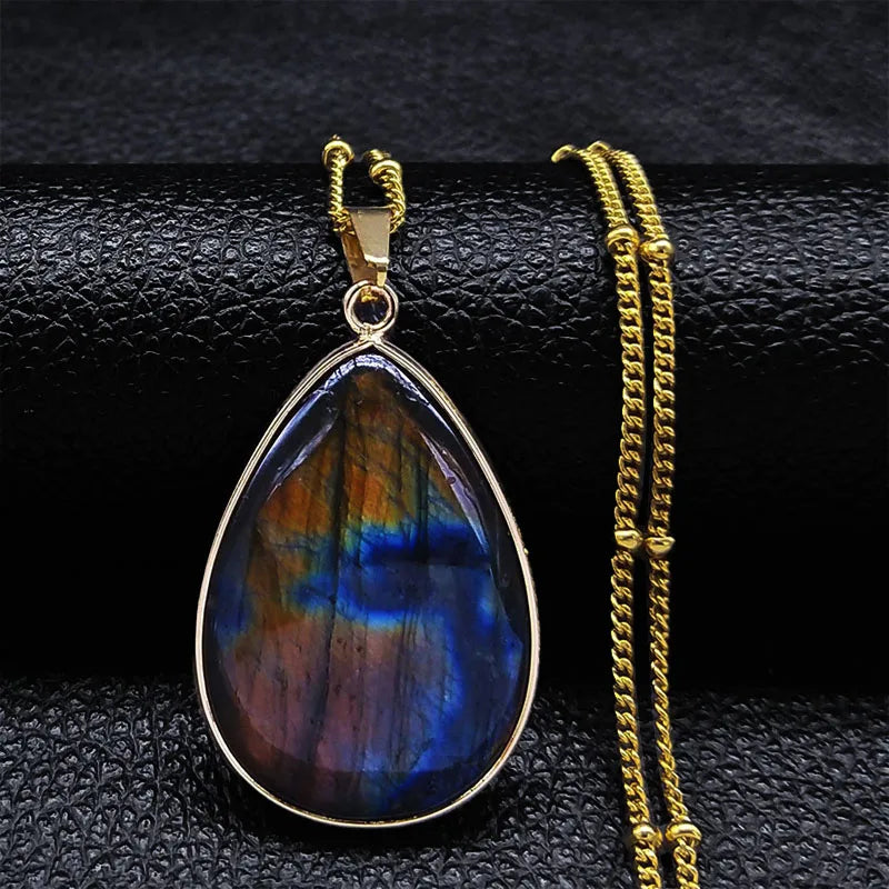 Boho Blue Labradorite Palm Necklace Water Drop Natural Healing Gem Stones Pendant Necklaces Reiki Moonstone Energy Jewelry NHH31