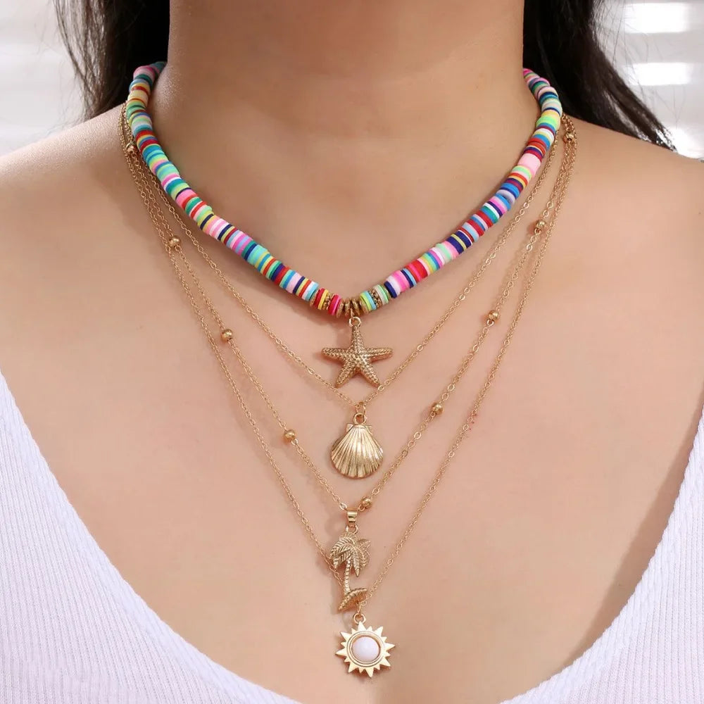 Fashion Boho Summer Beach Jewelry Necklace for Women Soft Pottery Starfish Shell Pendant Vintage Sun Multi Layer Ckokers Gifts