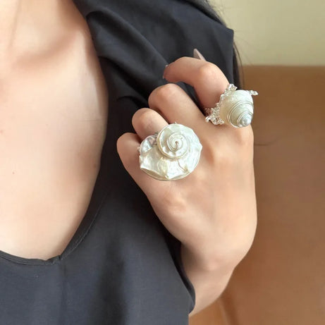 Natural Sea Snail Shell Wire Wrapped Pearl Boho Ring