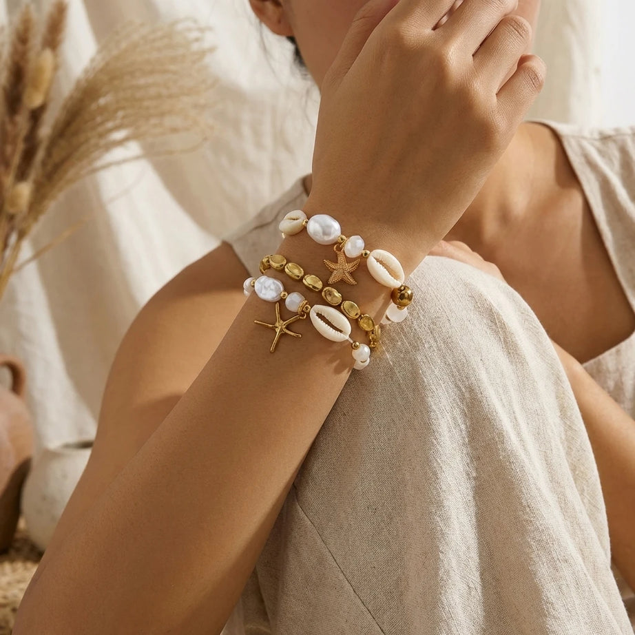 Dainty Shell and Starfish Stacked Elastic Bracelet Set