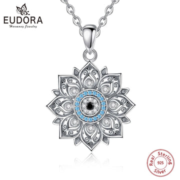 Eudora 925 Sterling Silver Lotus Evil Eye Necklace for Women Man Vintage Evil Eye Lotus Flower Pendant Personality Jewelry Gift