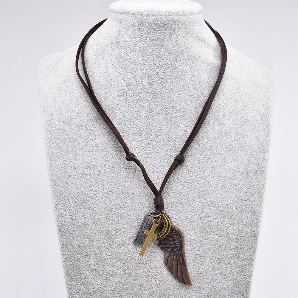 Feather Angel Wings Necklace & Pendants Vintage Brown Leather Neckless for Women Men Jewelry Boys Necklace Statement Necklace
