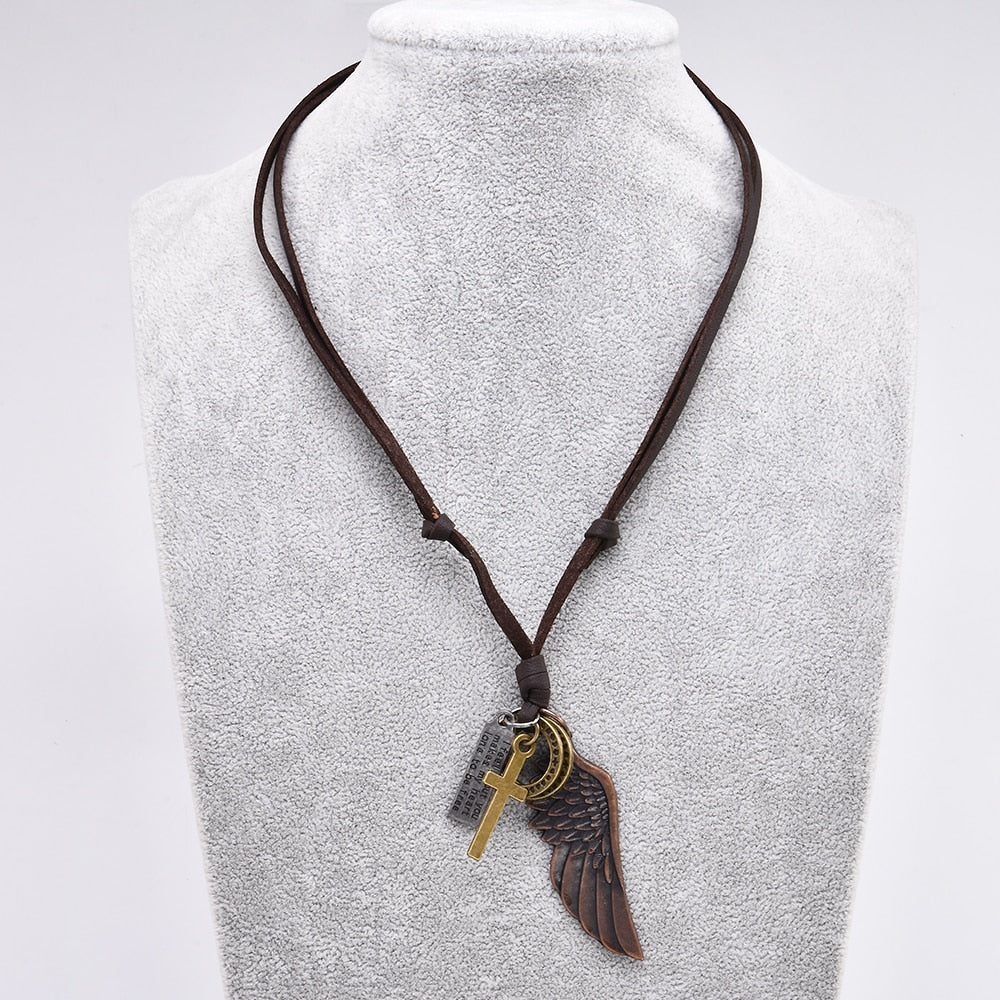 Feather Angel Wings Necklace & Pendants Vintage Brown Leather Neckless for Women Men Jewelry Boys Necklace Statement Necklace - Charlie Dolly