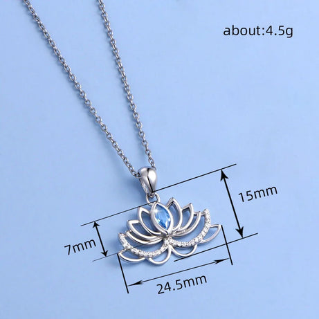 Huitan Lotus Flower Pendant Necklace, Silver Blue CZ Wedding Talisman