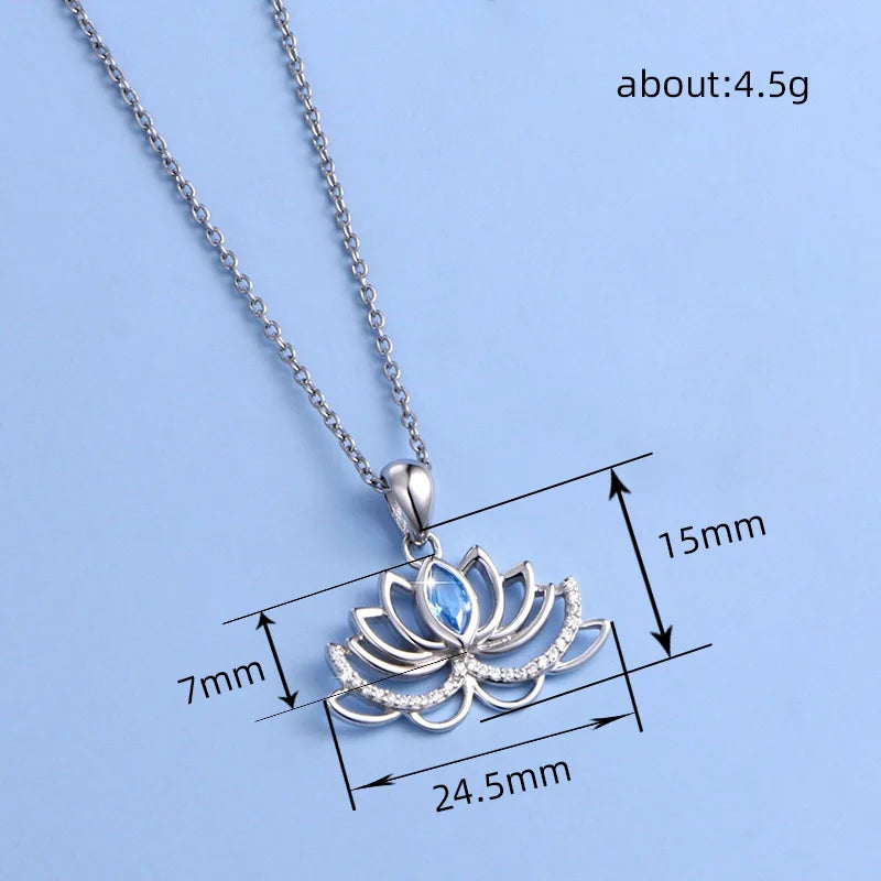 Huitan Lotus Flower Shaped Lady Pendant Necklace Silver Color Inlaid Blue CZ Trendy Wedding Party Daily Accessories Jewelry Gift