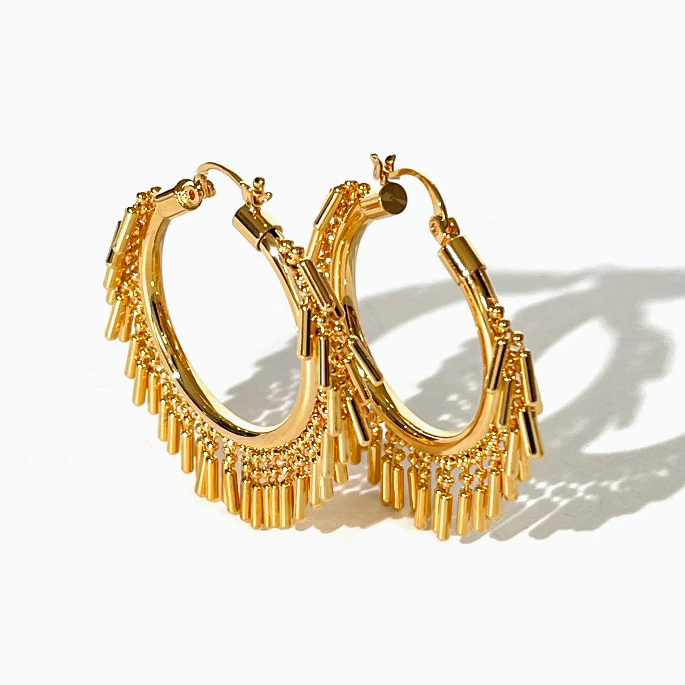 Gold Bead Bar Tassel Hoop Huggie Earrings Jewelry