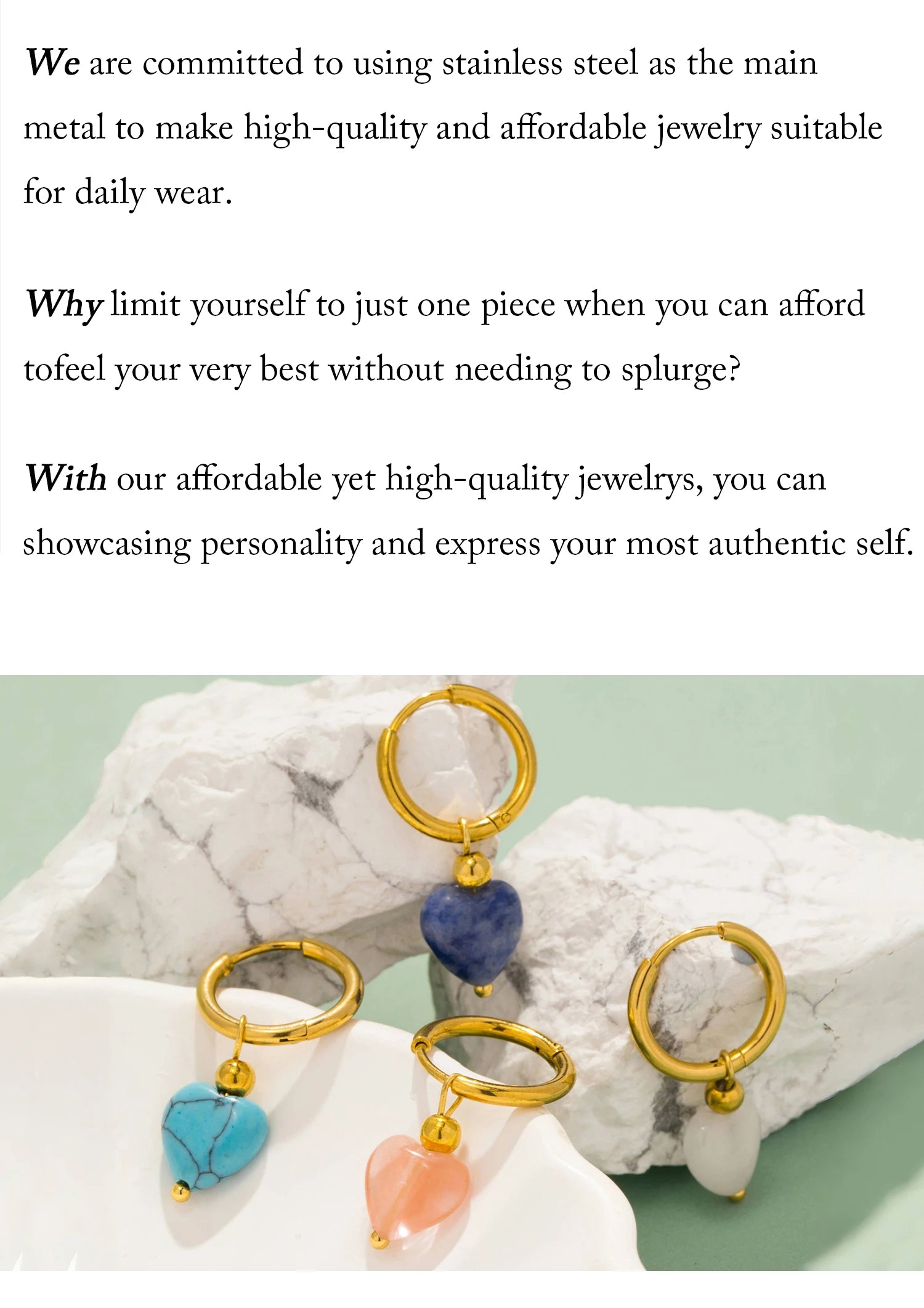 UHBINYCA Detachable Natural Stone Heart-shaped Pendant Earrings, Stainless Steel Hoop Earrings