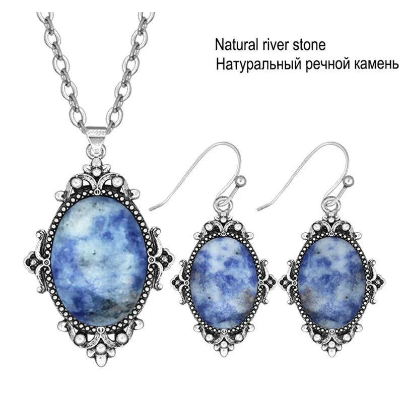 Vintage Look Natural Stone Lapis Lazuli Jewelry Sets Solid Silver Plated Necklace Earrings Flower Fashion Jewelry