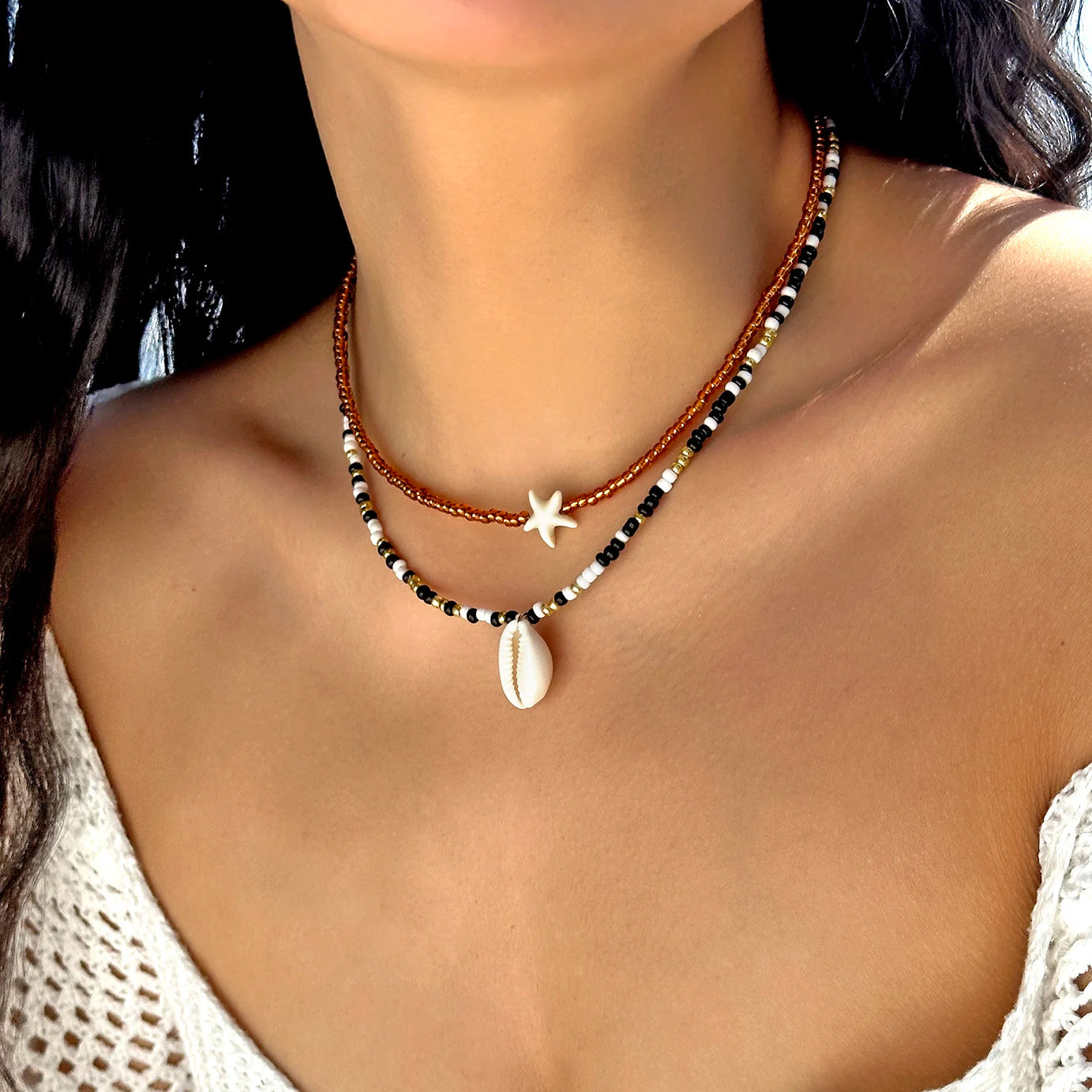Sea Turtle and Starfish Double Layered Beaded Choker