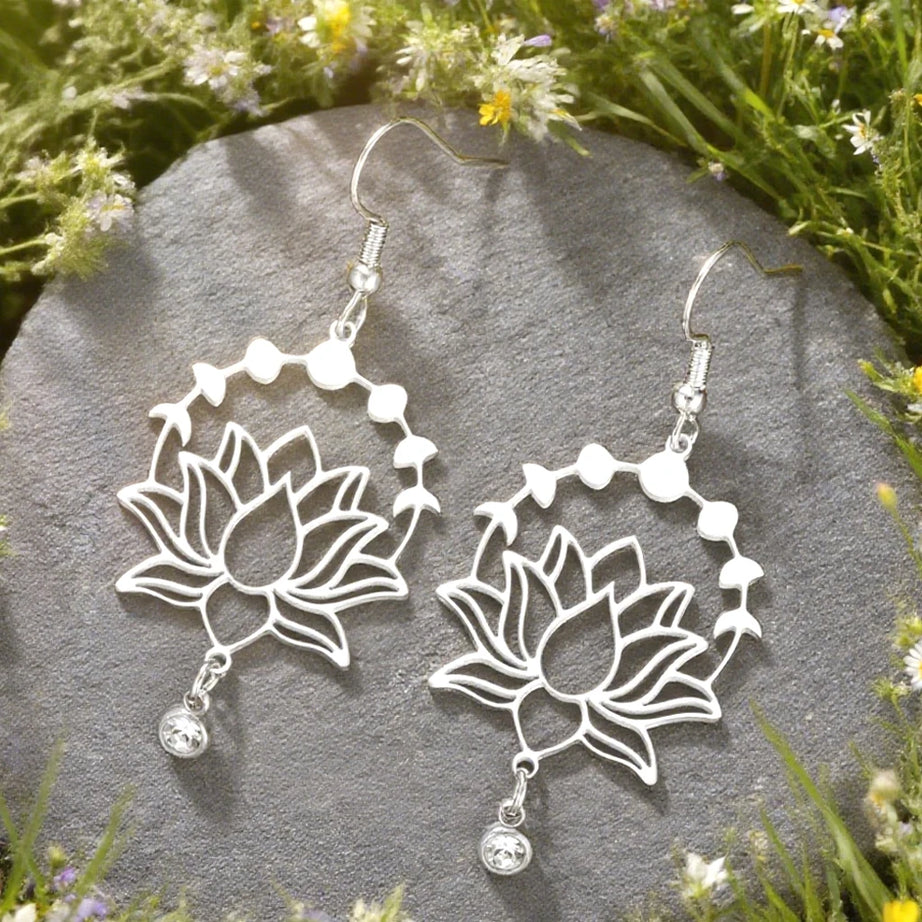 Moon Phase Lotus Dangle Earrings