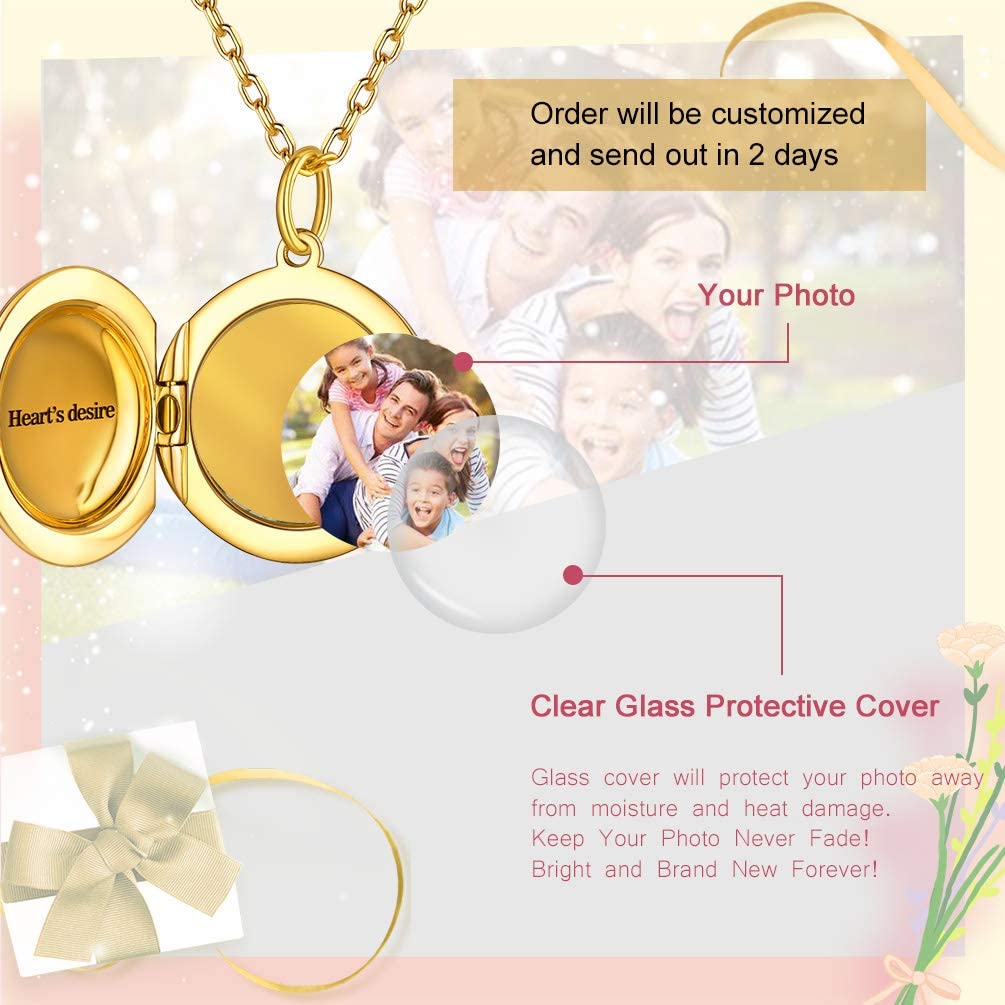 PROSILVER 925 Sterling Silver Customized Photo/Text Necklaces Women Teens Girl Cute Round Gold Locket Pendant That Hold Picture - Charlie Dolly